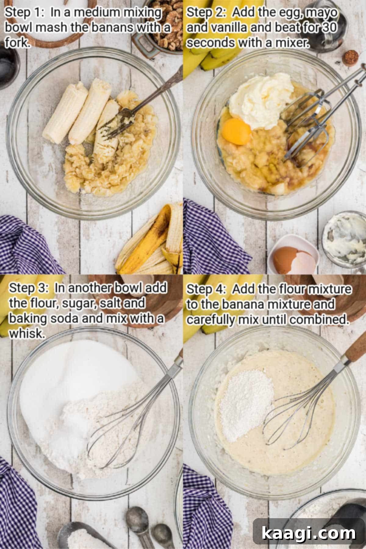 Mayo Magic Banana Bread 4 4 images showing how to make banana bread with mayo - how to steps