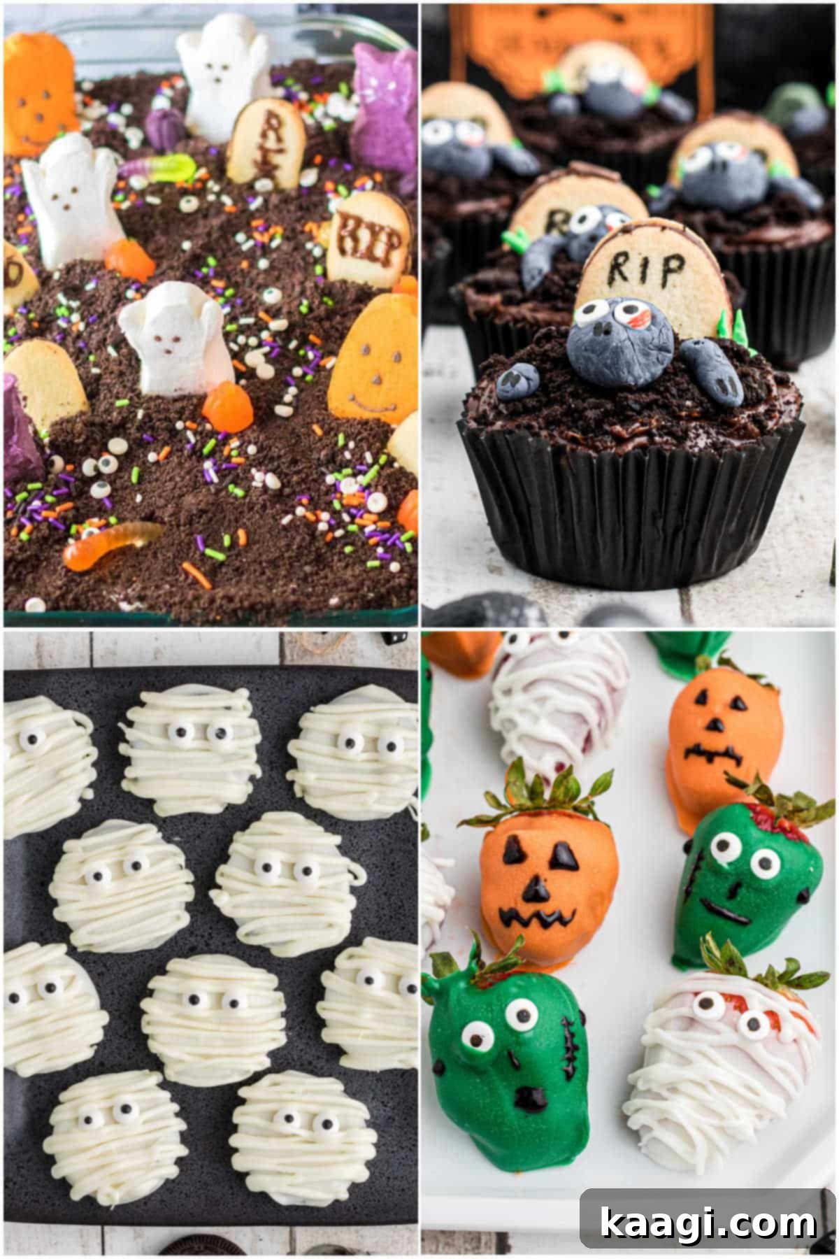 A portrait-sized collage of four images showcasing various spooky and sweet ideas for a Halloween Dessert Table, including cupcakes, cookies, and chocolate treats.