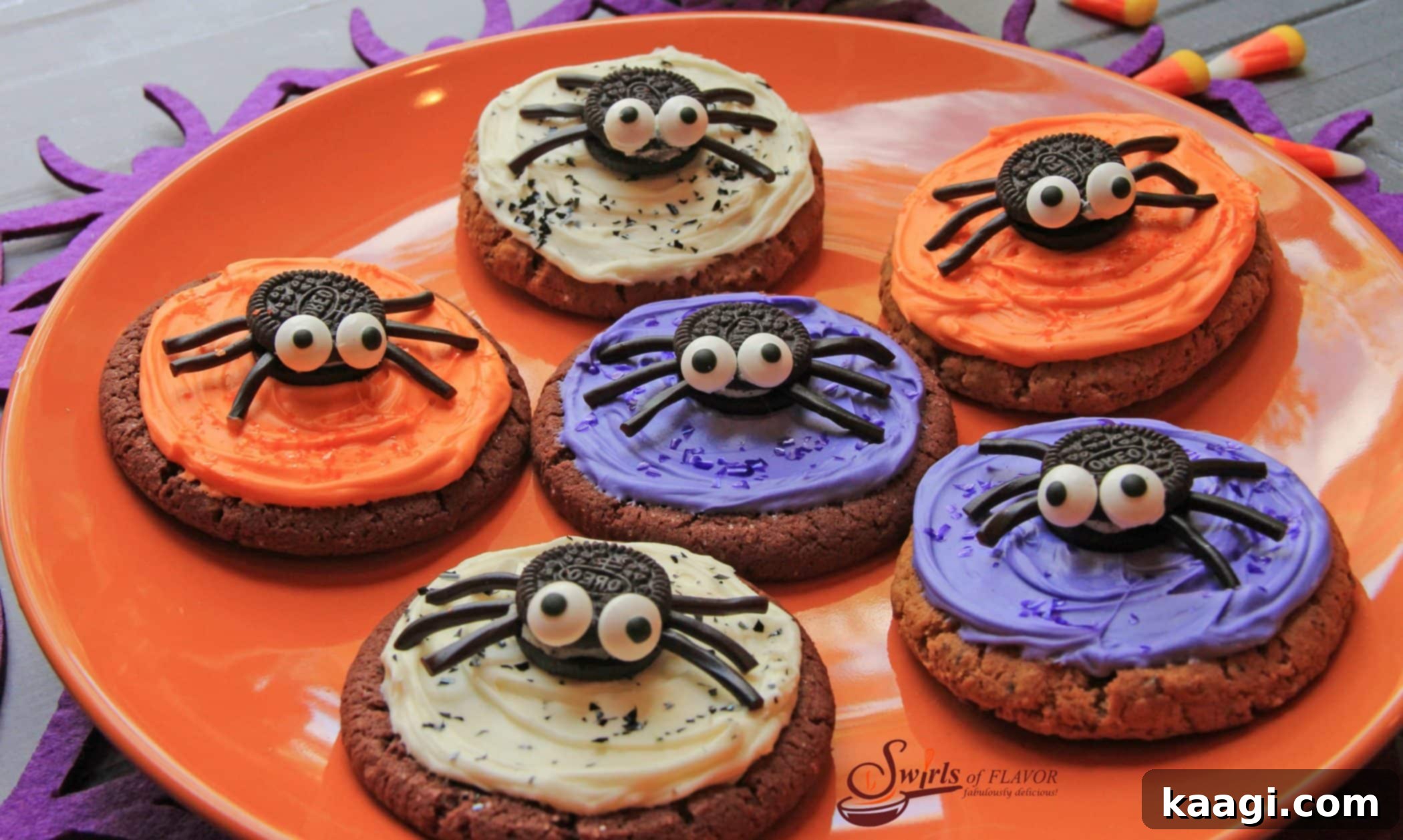 Whimsical No-Bake Spooky Spider Cookies, made with Oreos and decorated with googly eyes and pretzel stick legs.