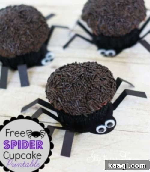 A display of fun Halloween spider cupcakes with a free printable, featuring chocolate cakes and edible spiders.