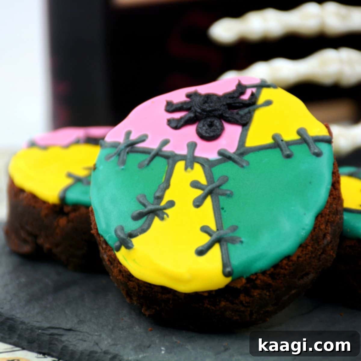 Artfully decorated Halloween Sally Brownies, inspired by the character Sally from The Nightmare Before Christmas.