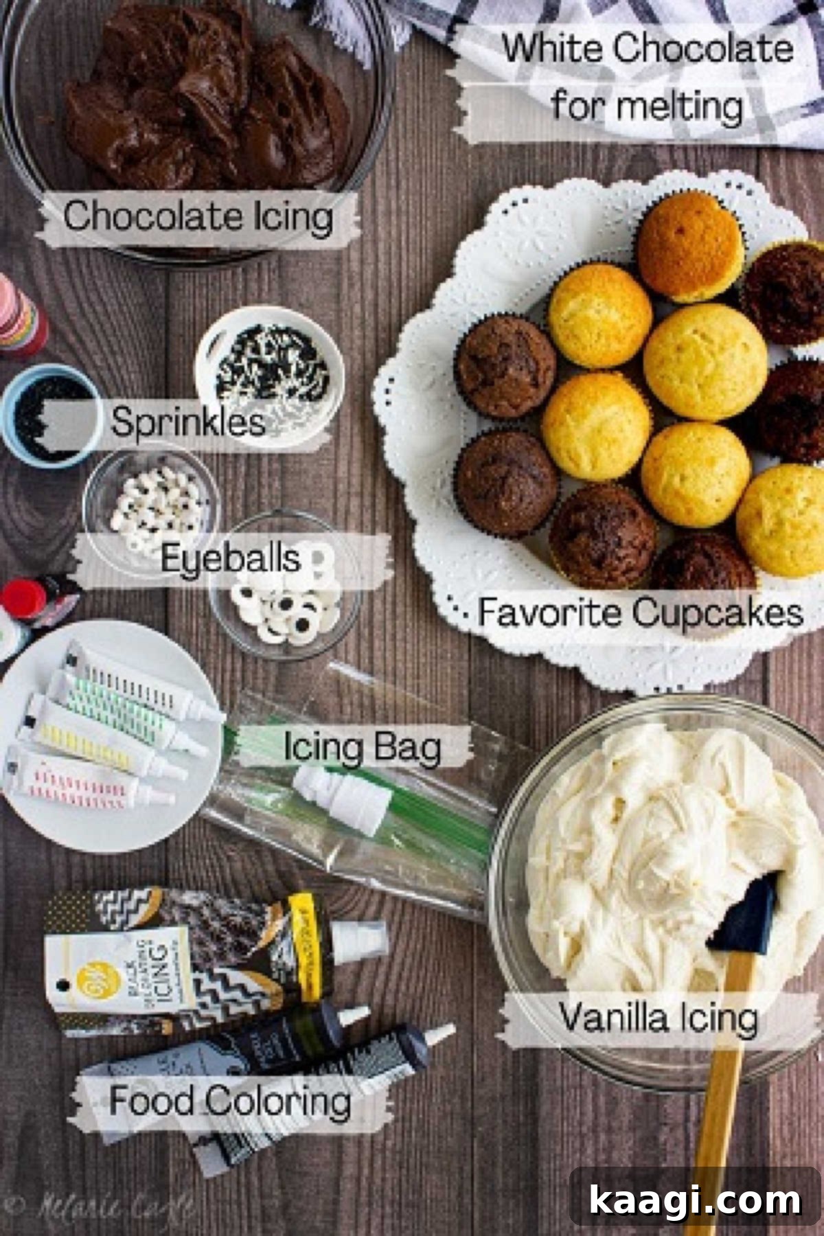 Franken-Fabulous Cupcakes 3 A flat lay photograph of all the essential ingredients needed for making and decorating Halloween cupcakes.