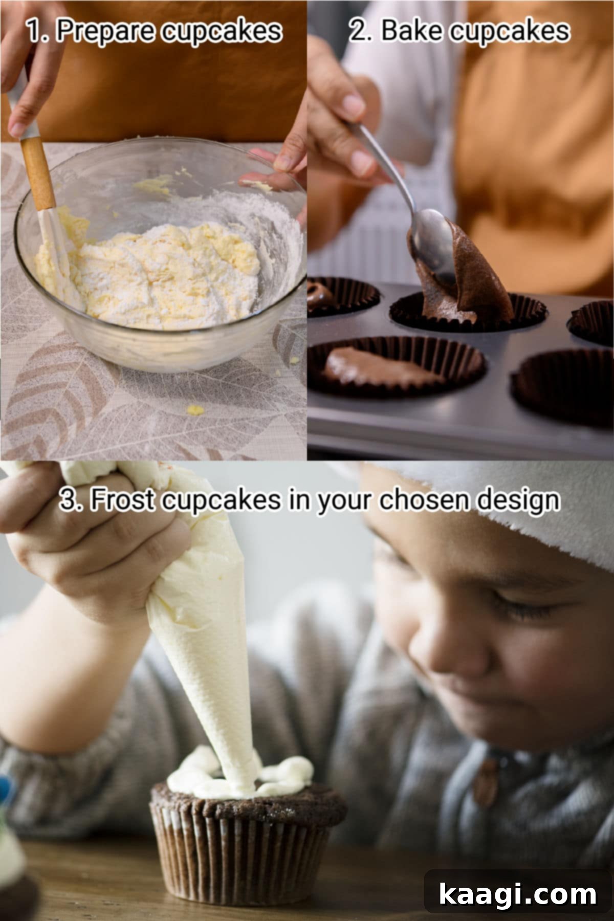 Franken-Fabulous Cupcakes 4 A visual guide showing three stages of preparing Halloween cupcakes: baking, basic frosting, and early decoration.