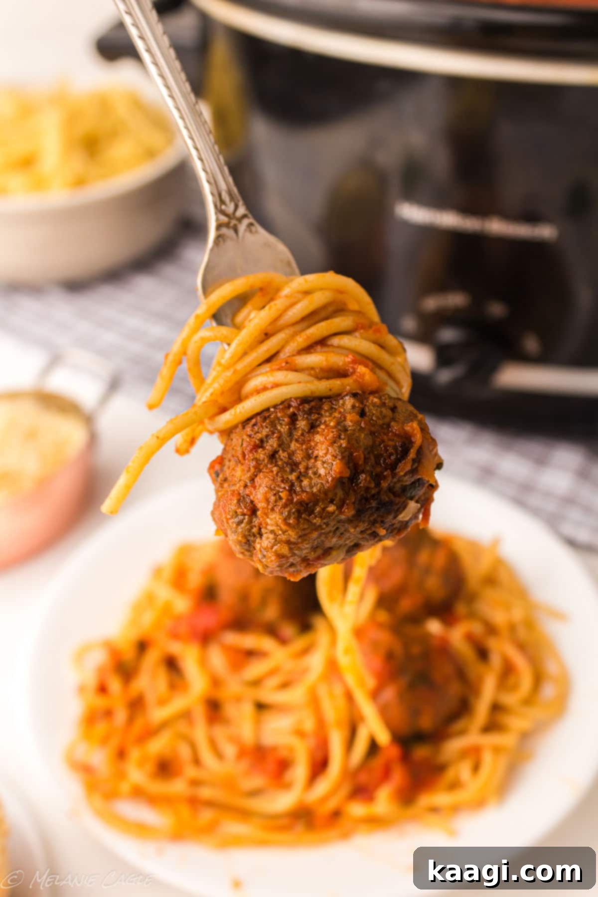 A close-up of a perfectly cooked meatball on a fork, nestled in a bed of savory spaghetti.