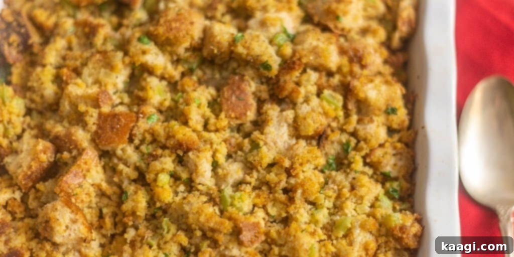A golden-brown Southern cornbread dressing, hearty and flavorful.