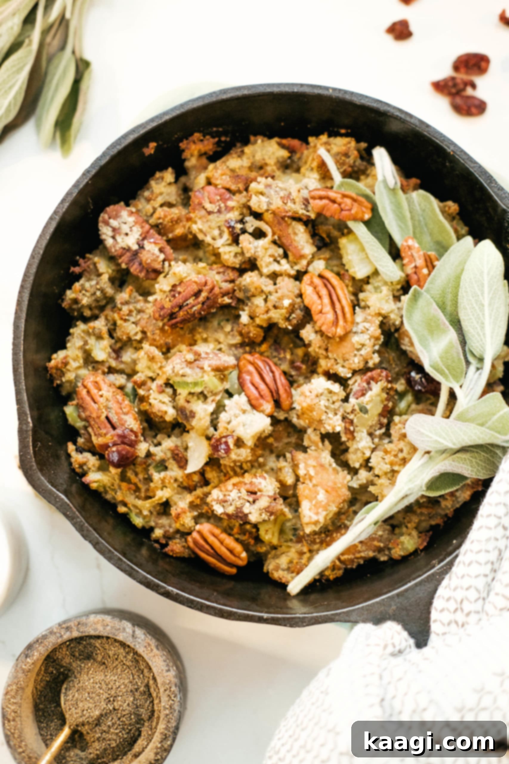 A savory one-skillet low carb Thanksgiving stuffing, guilt-free and delicious.