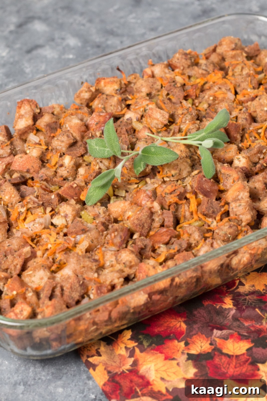An easy vegan stuffing with onions, celery, carrots, and plant-based sausage.