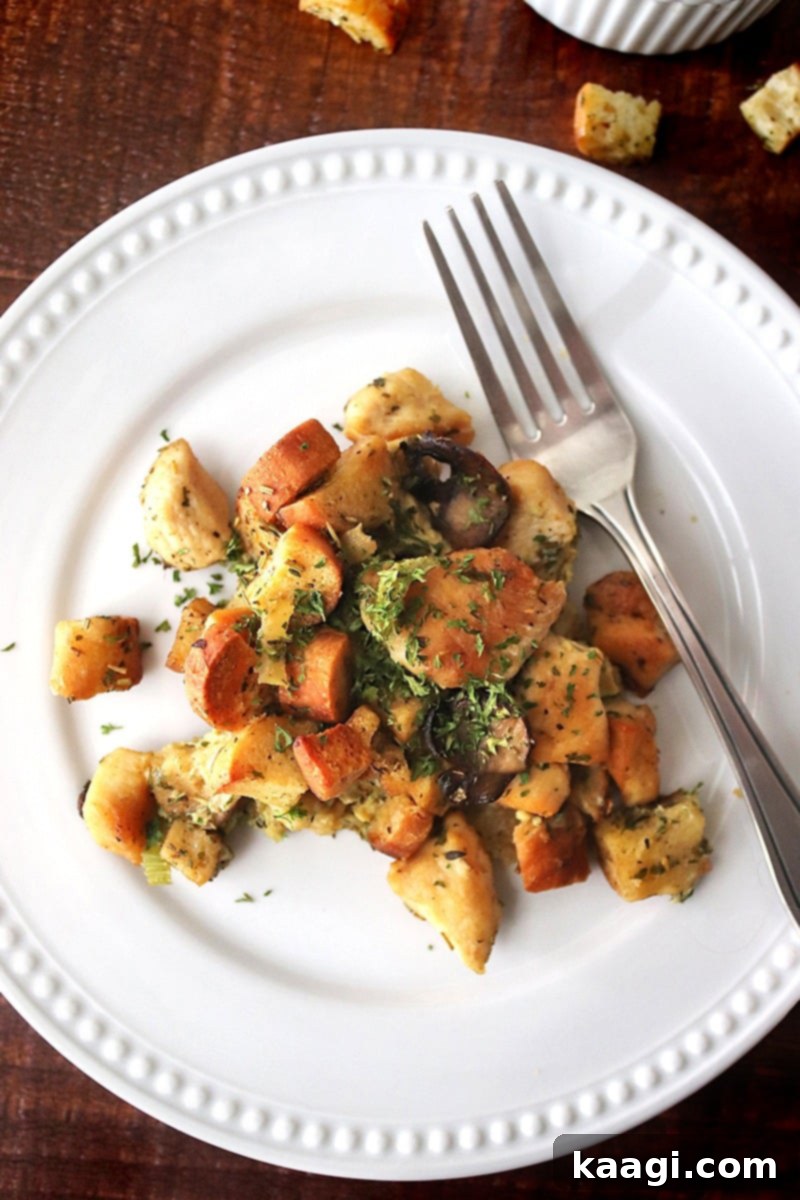 A rustic garlic bread stuffing with mushrooms, onion, and celery.