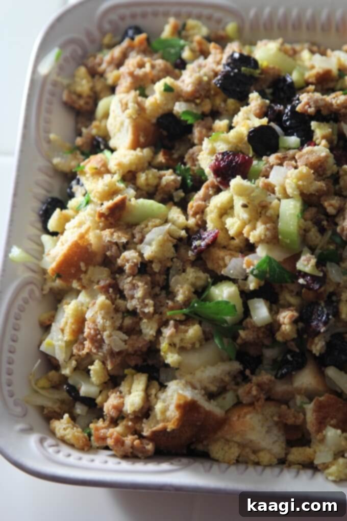 A vibrant sausage stuffing with cranberries and cherries, perfect for the holidays.