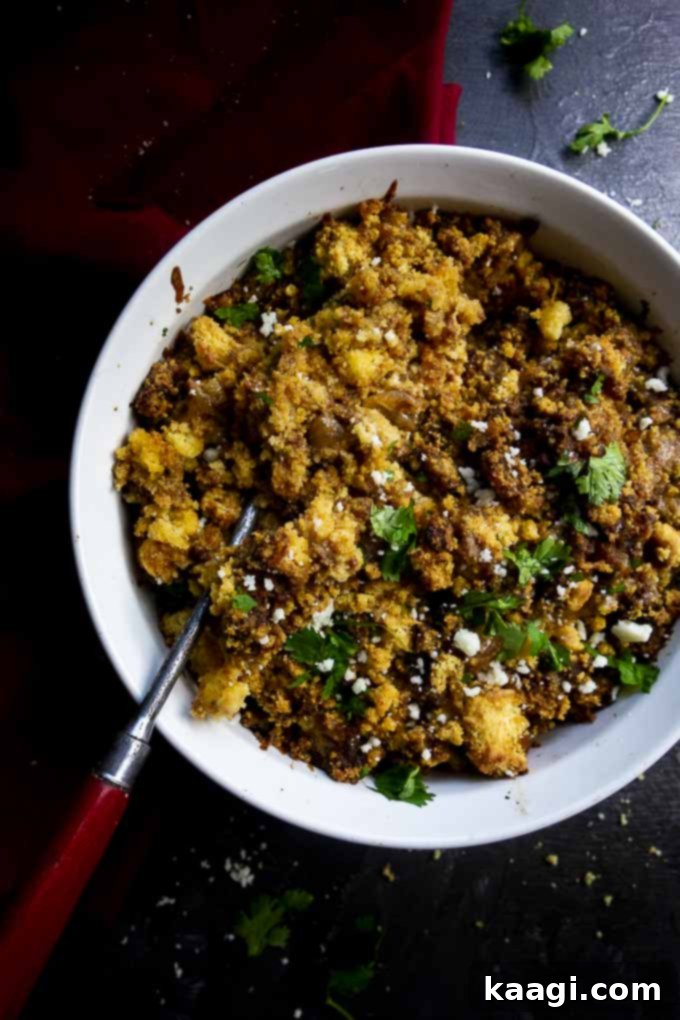 A unique Mexican cornbread stuffing recipe, rich with chorizo and cheese.
