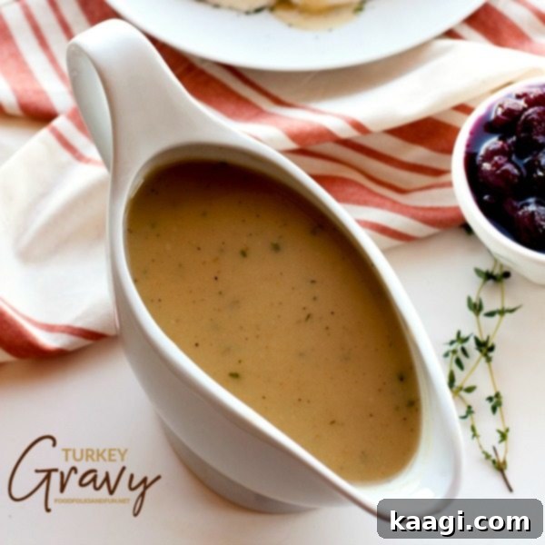 A classic, homemade turkey gravy, essential for Thanksgiving dinner.