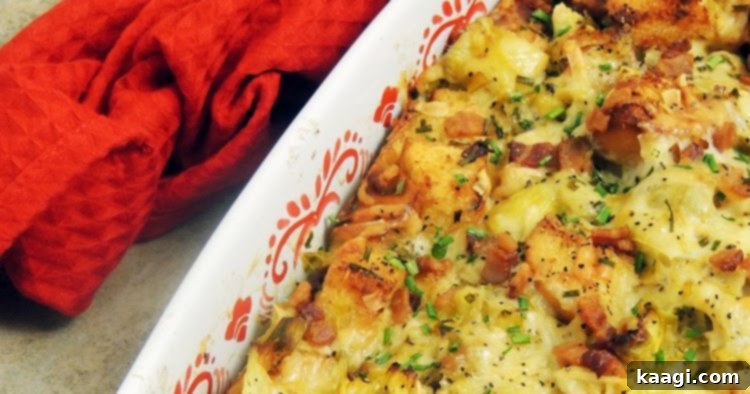 A savory Bacon, Leek, and Artichoke Bread Pudding, versatile for any meal.