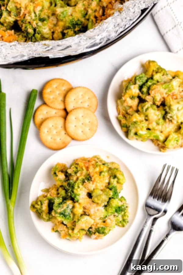 A hearty serving of Mom's Crockpot Broccoli Casserole, creamy and delicious.