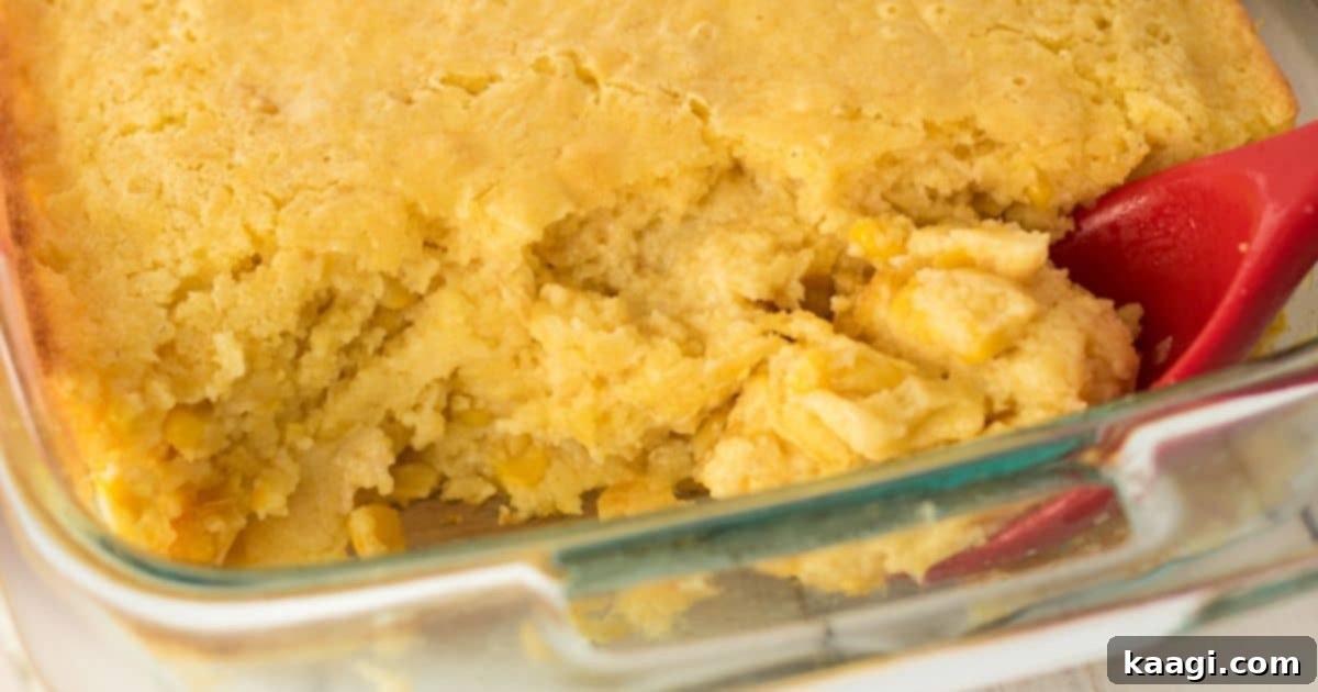 Creamy Corn Casserole, a classic Thanksgiving side dish, in a baking dish.