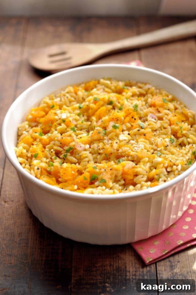 A rustic bowl of Butternut Squash Orzo with Feta and Sage, showcasing fall colors.