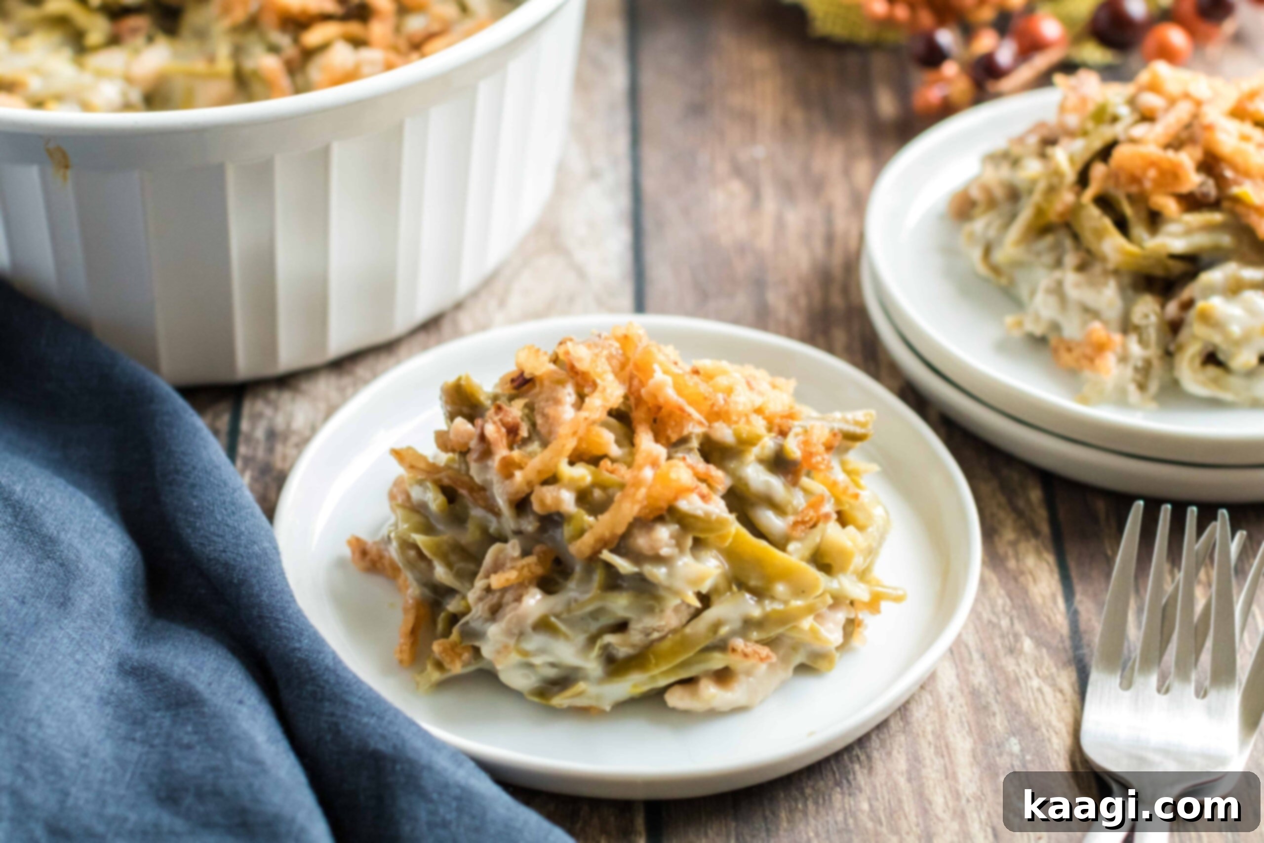 A classic Green Bean Casserole, creamy and topped with golden fried onions.