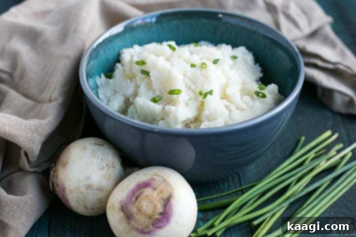 A bowl of creamy Mashed Turnips, a healthy alternative to traditional mashed potatoes.