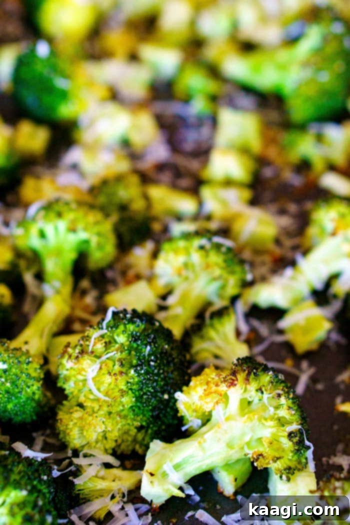 Perfectly oven roasted broccoli florets, lightly charred and tender-crisp.