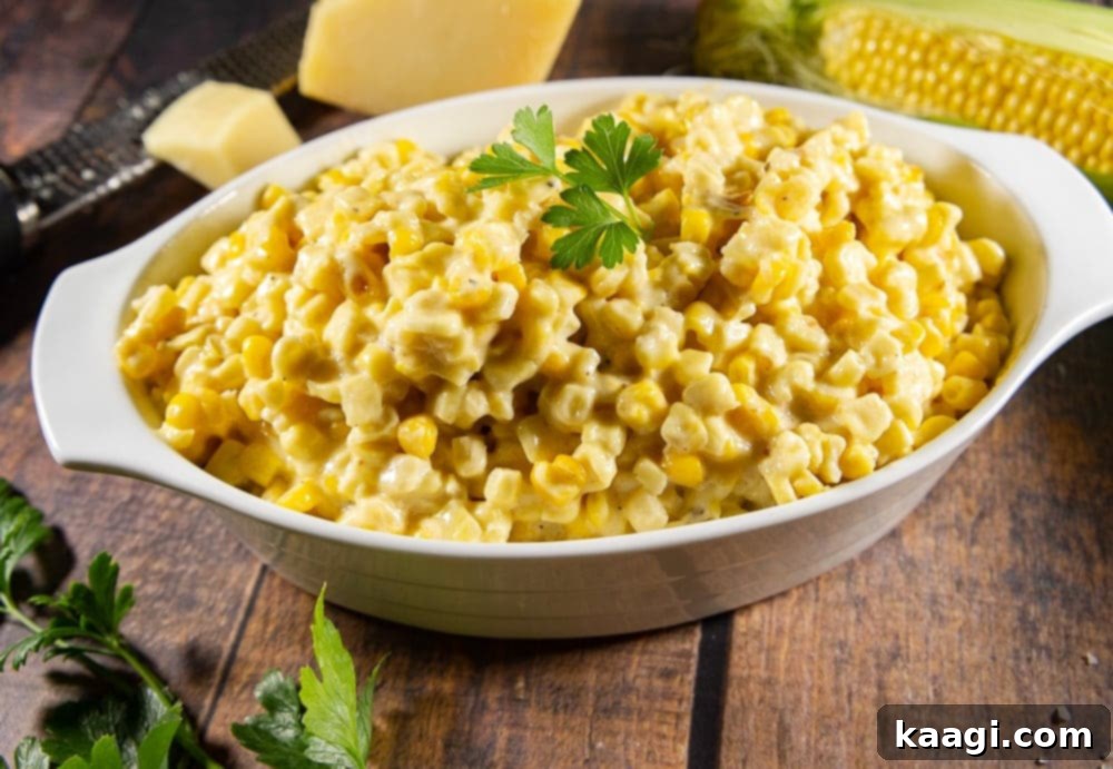 A generous serving of homemade cream style corn, rich with cheese.