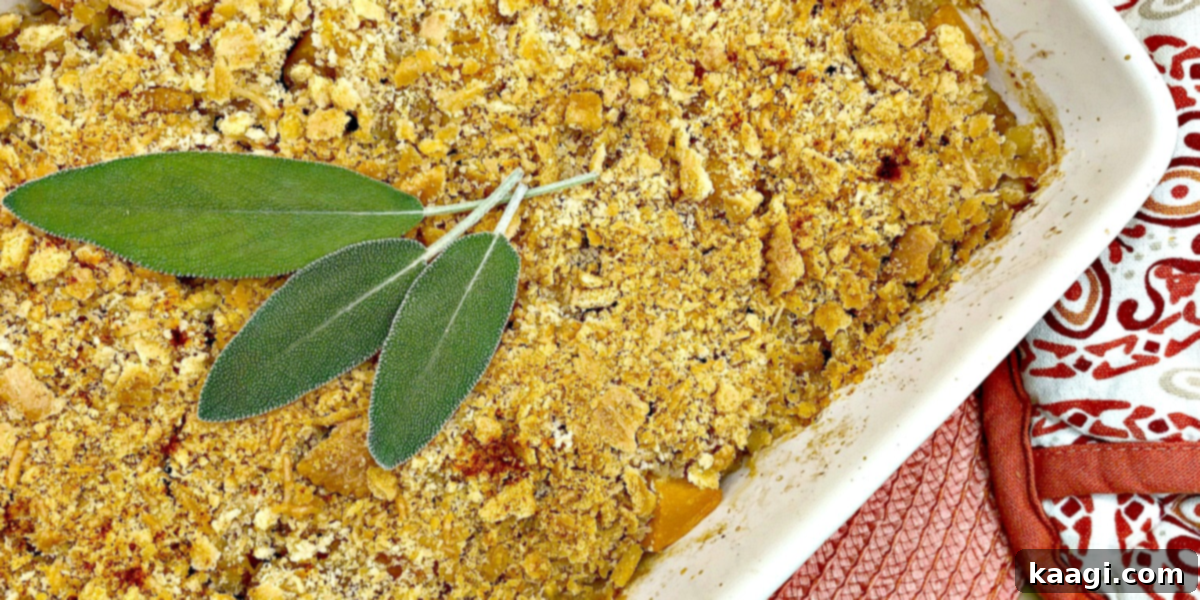 A golden-brown savory butternut squash casserole, a yearly favorite.