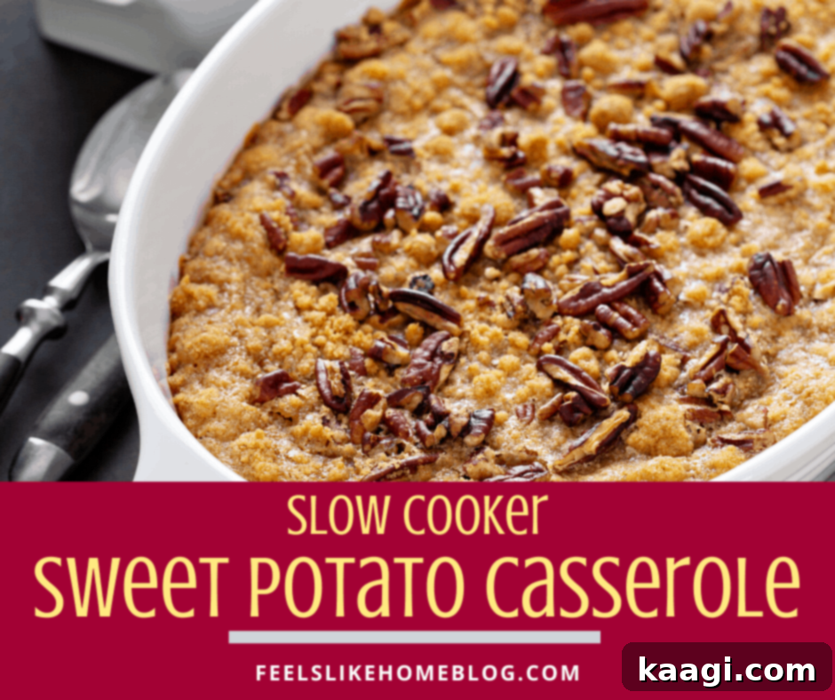 A healthy slow cooker sweet potato casserole, topped with a pecan streusel.