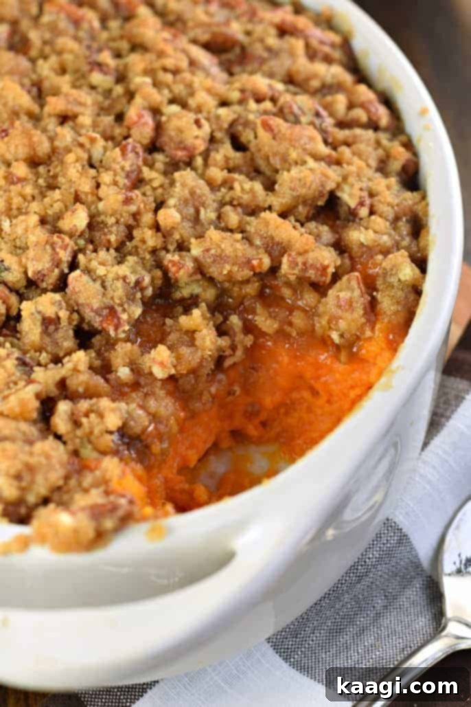 The ultimate sweet potato casserole recipe, with a crunchy streusel topping.