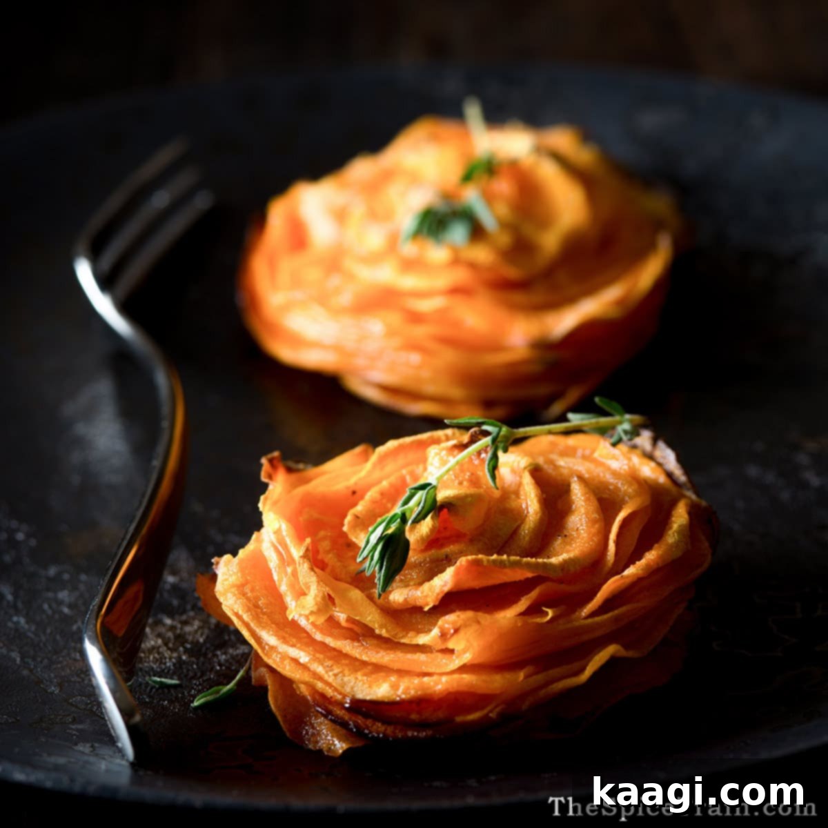 Elegant nutmeg sweet potato stacks, baked in a muffin pan.