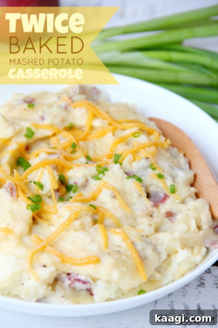 A hearty twice baked mashed potato casserole, full of cheesy, bacony goodness.