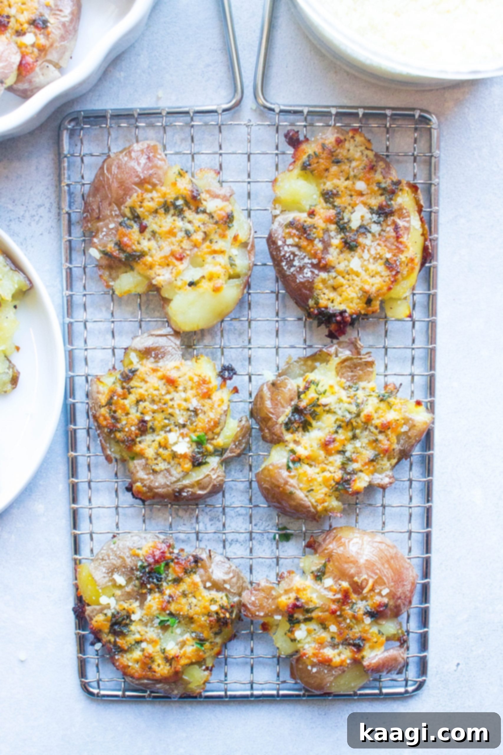 Crispy garlic parmesan smashed potatoes, perfectly golden and cheesy.