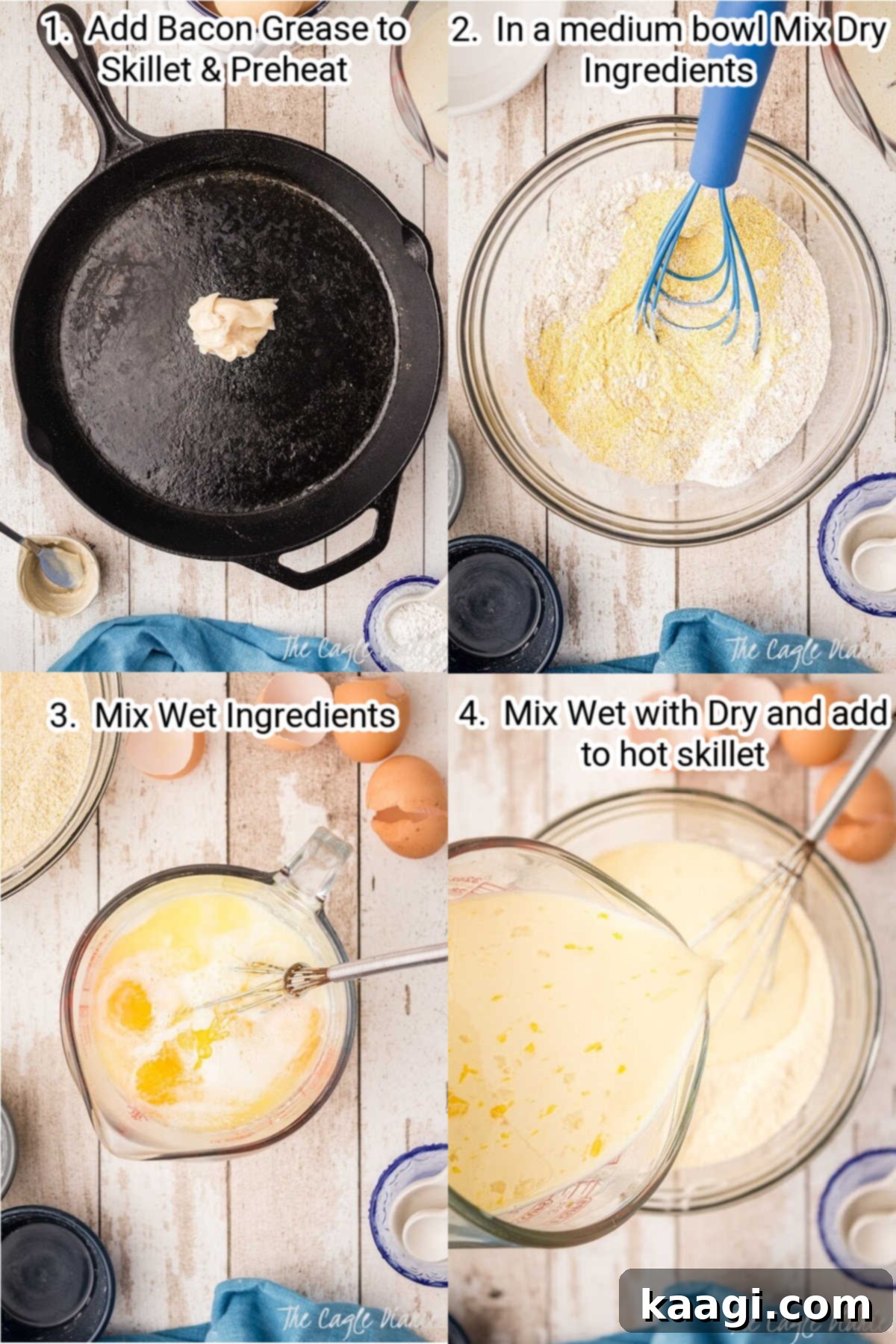 Fiery Cajun Cornbread 4 Image showing the process of mixing batter in bowls for Cajun cornbread, with dry and wet ingredients being combined.