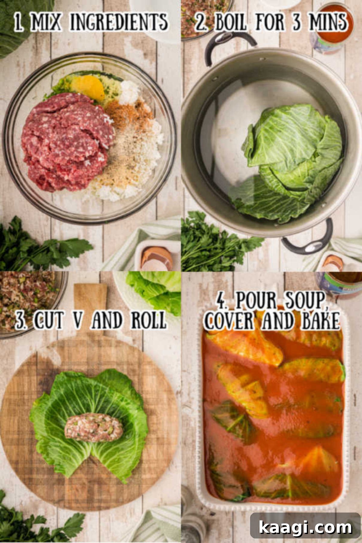 Old-World Cabbage Rolls 4 A visual step-by-step guide illustrating four key stages of making cabbage rolls: combining filling ingredients, softening cabbage leaves in boiling water, the technique for rolling the meat mixture into leaves, and finally, arranging the rolls in a baking dish before adding sauce.