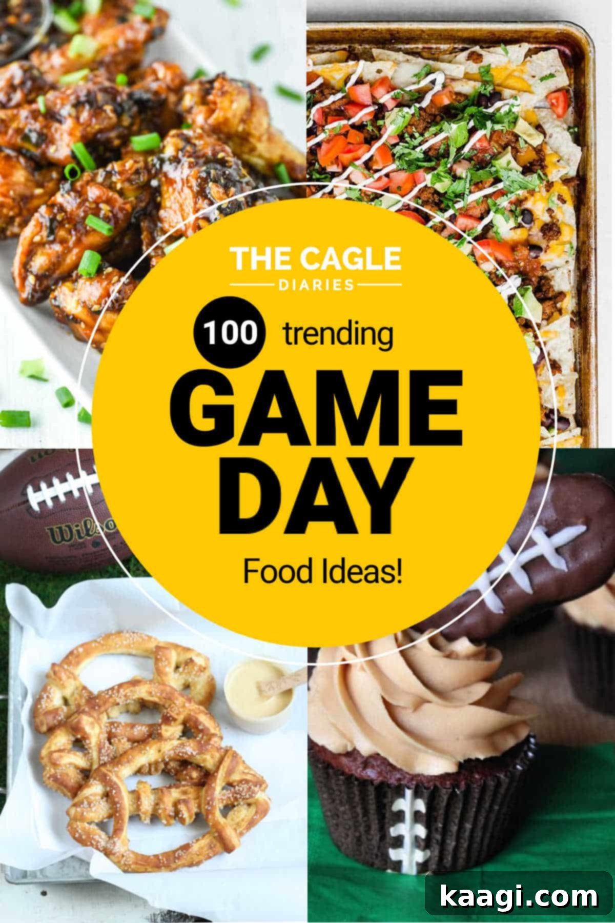 A vibrant collage featuring four irresistible game day food ideas: a festive football-themed cupcake, a savory football-shaped pretzel, a generous plate of loaded nachos, and a tempting stack of crispy chicken wings.