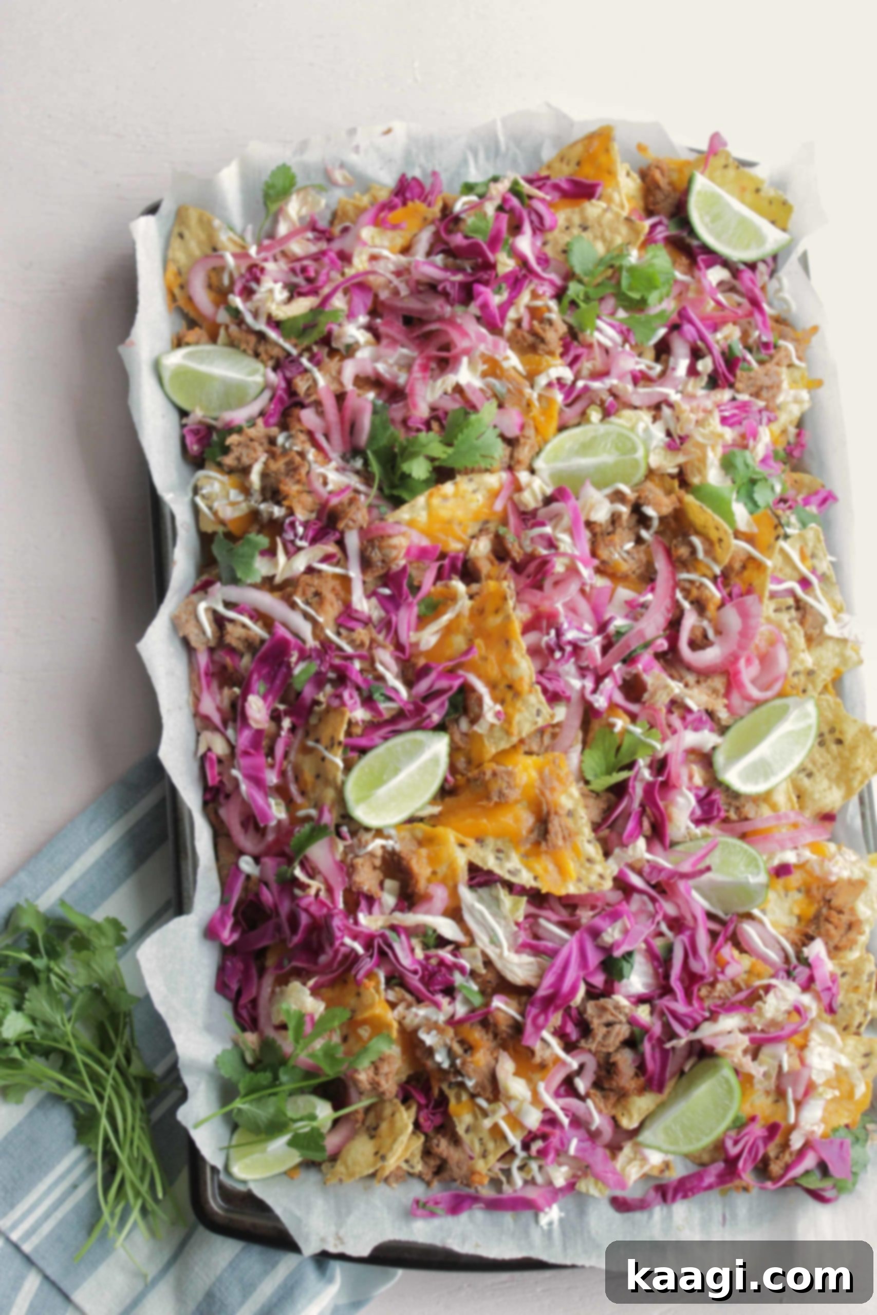 Pulled Pork Nachos, loaded with tangy coleslaw and marinated onions for a unique and flavorful punch.