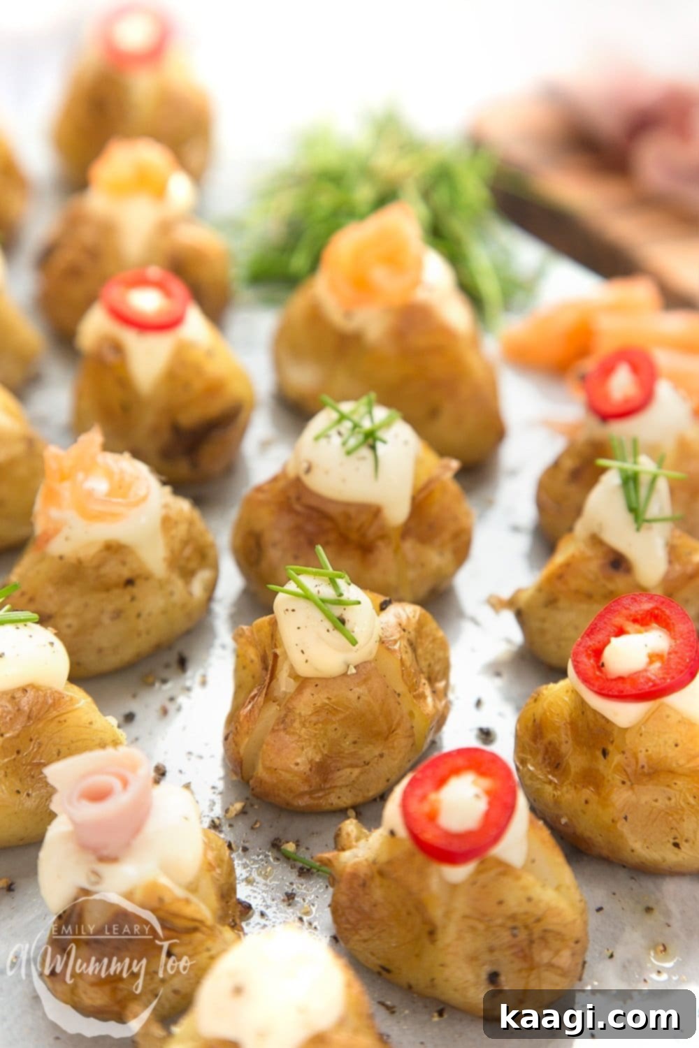 Deliciously flavorful stuffed mini baked potatoes with Primula cheese and various toppings.