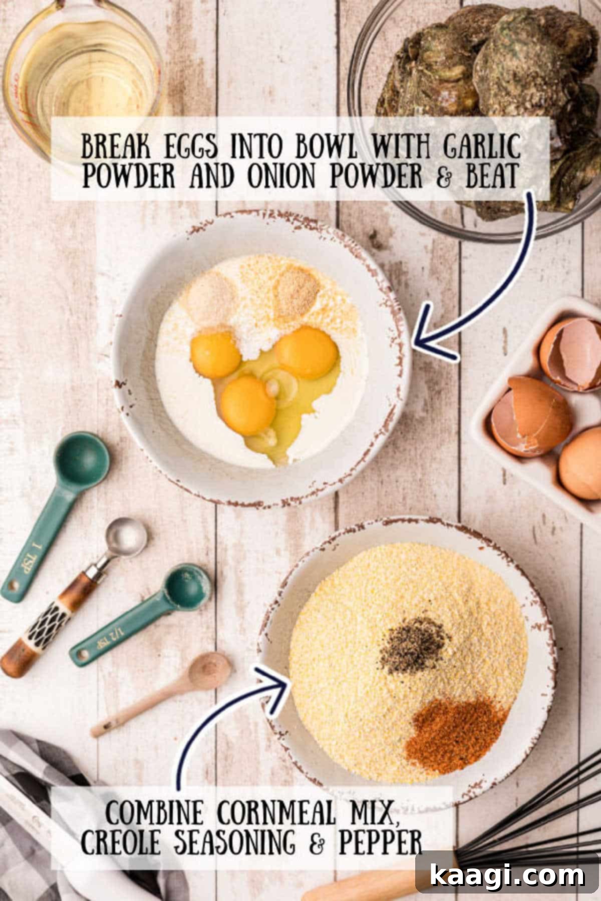 The Crispy Oyster Legend 4 Ingredients in bowls for breading oysters, showing the wet and dry mixtures.