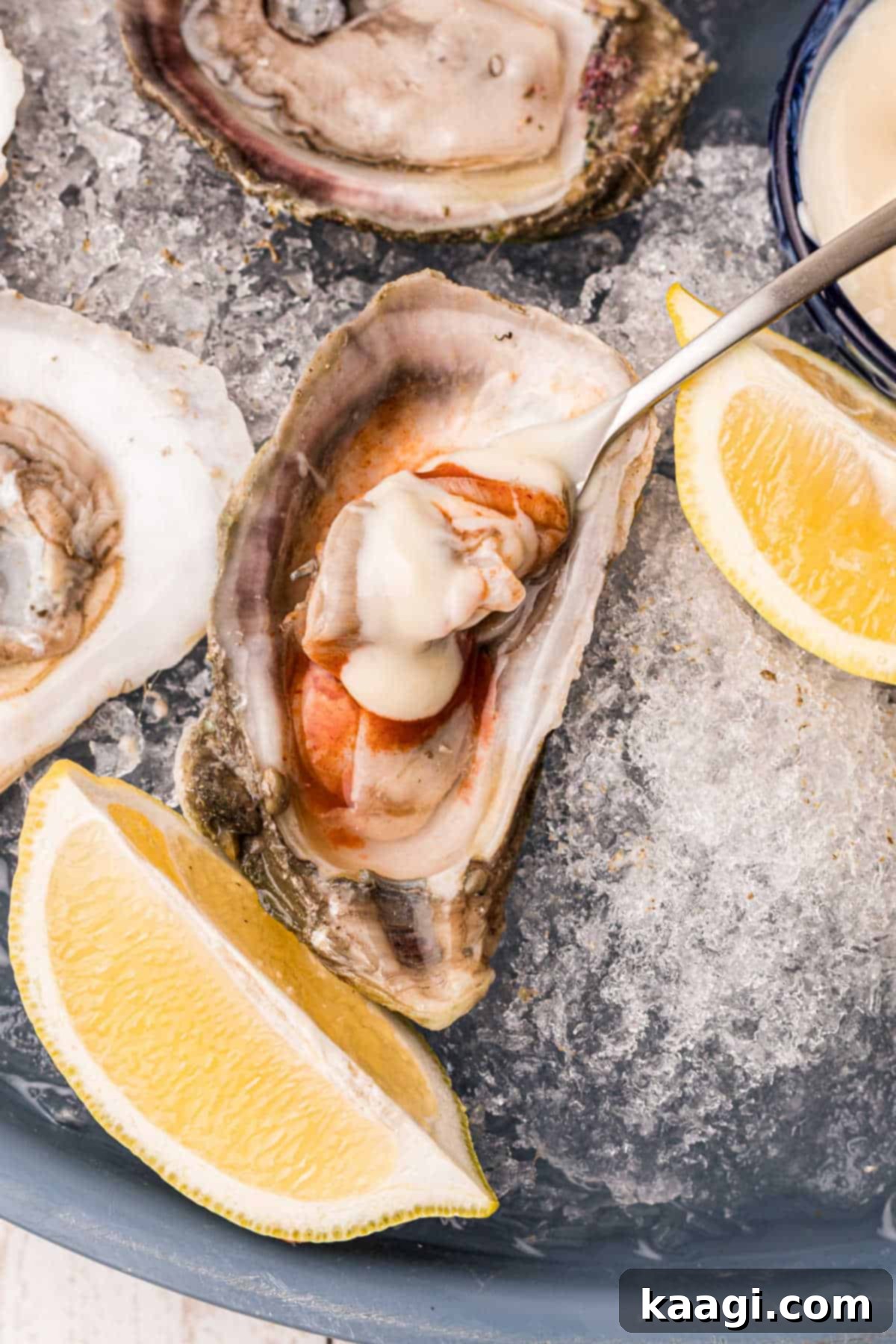 A raw oyster on its shell, garnished with horseradish and hot sauce, with a spoon gently removing the oyster meat.