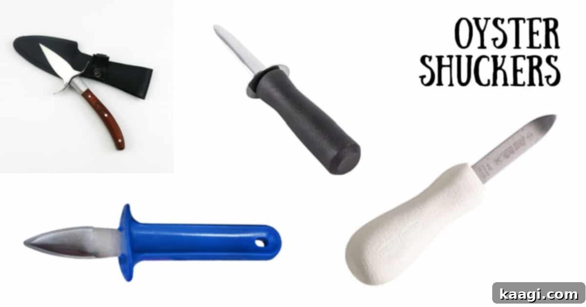 Four different styles of oyster shuckers, featuring handles in blue, black, white, and wood, showcasing variety in design.