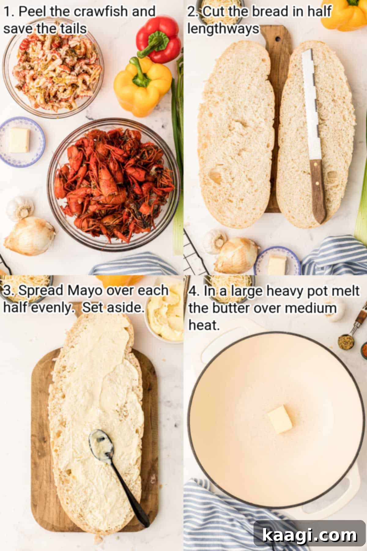 A visual sequence demonstrating how to prepare crawfish bread, including images of peeled crawfish, sliced French bread, and mayonnaise application.