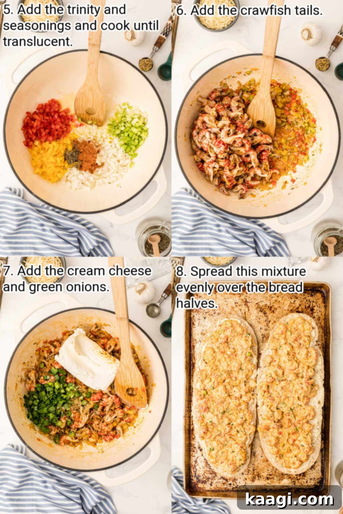 Another set of images illustrating the crawfish bread preparation, showing vegetables cooking in a skillet, crawfish tails being added, and the mixture spread on bread.