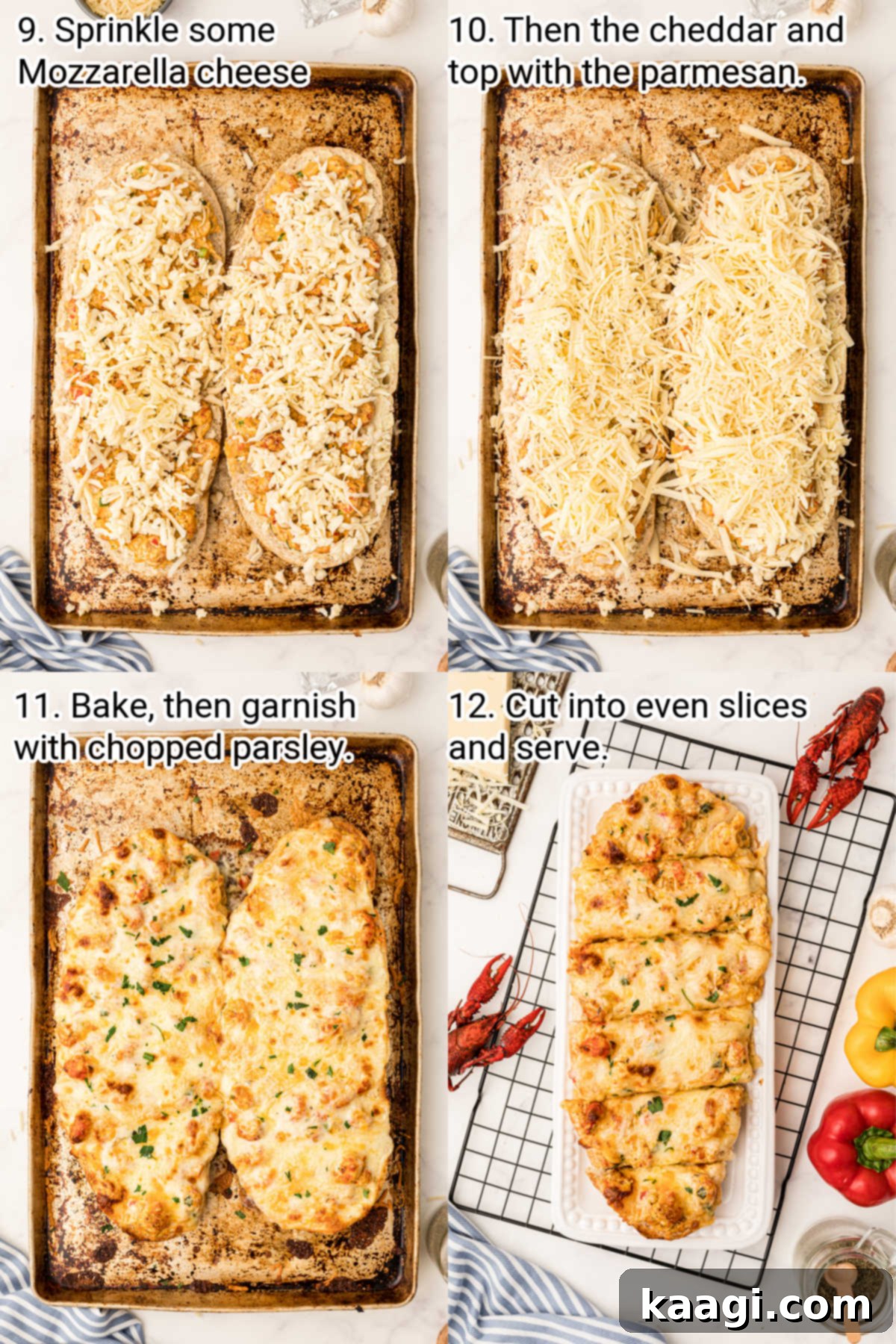 The final stages of making crawfish bread, showing cheese being sprinkled, the bread baking in the oven, and garnished slices ready to serve.