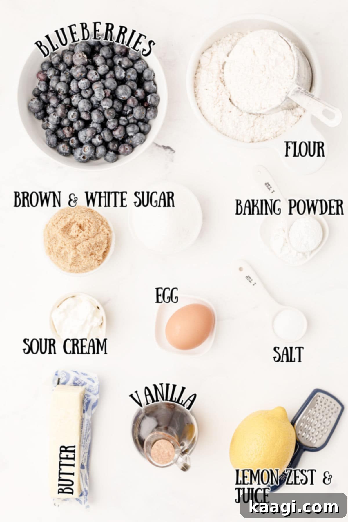 ingredients for lemon blueberry muffins with sour cream