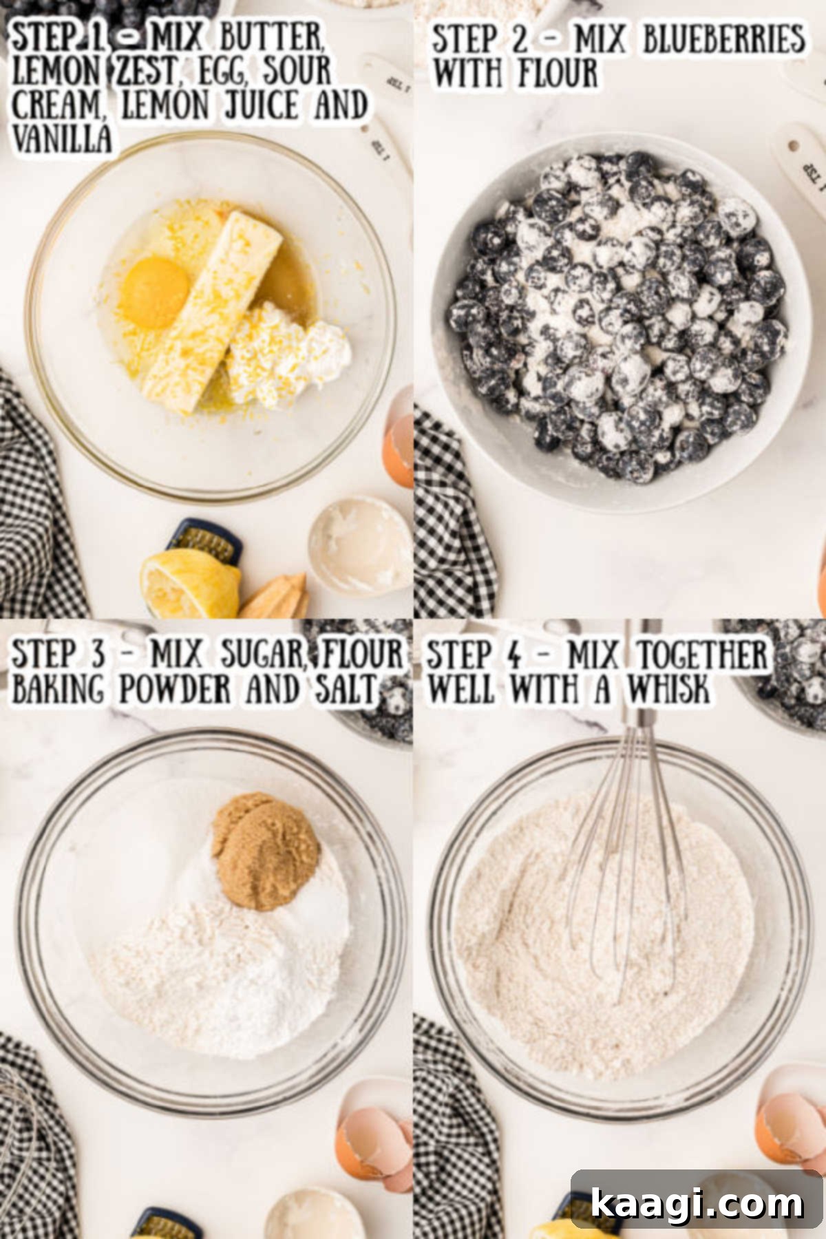 four images showing how to make lemon blueberry muffins