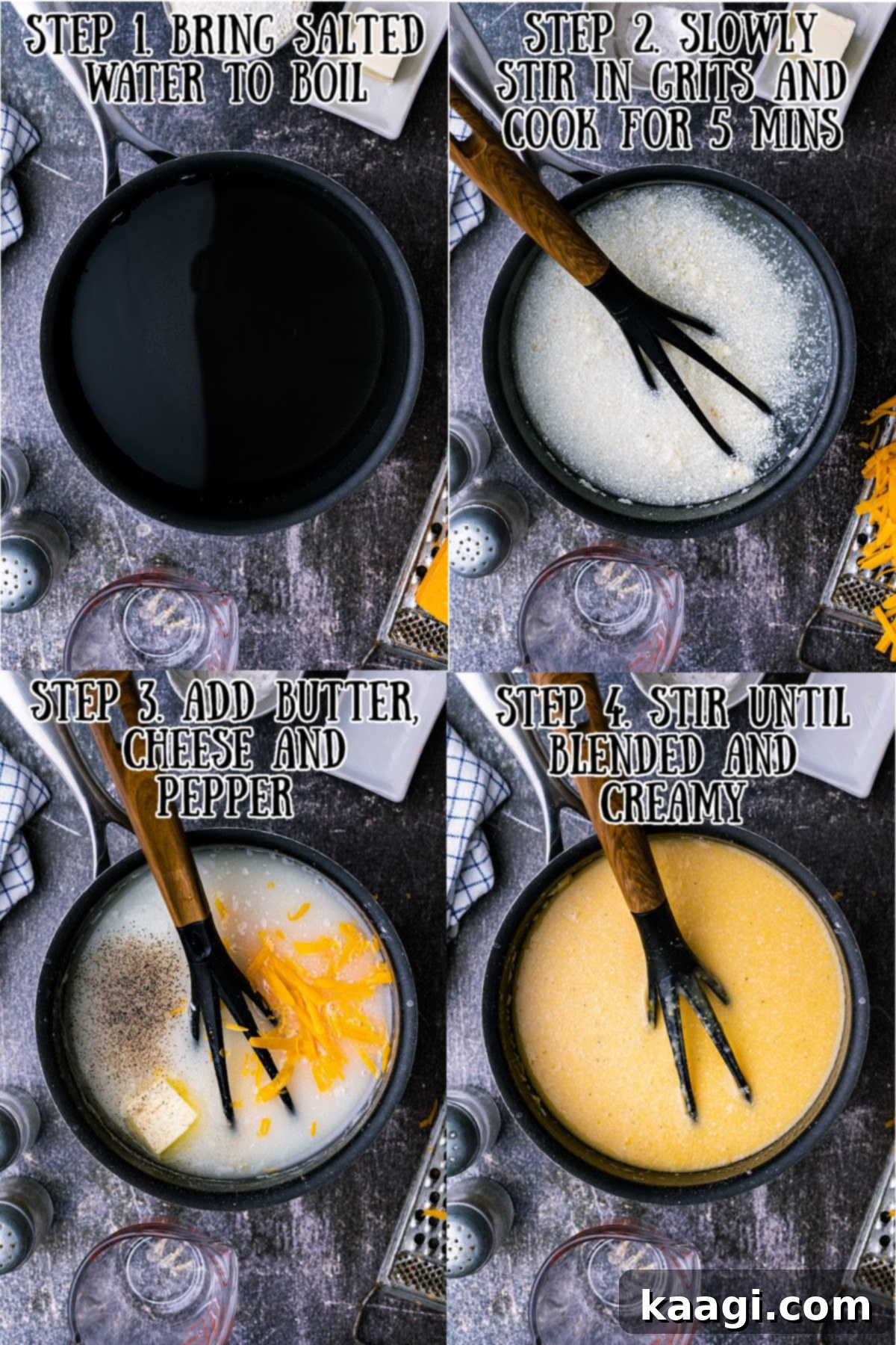 A visual guide showing the recipe steps for making cheesy grits, from boiling water to stirring in grits and adding cheese.