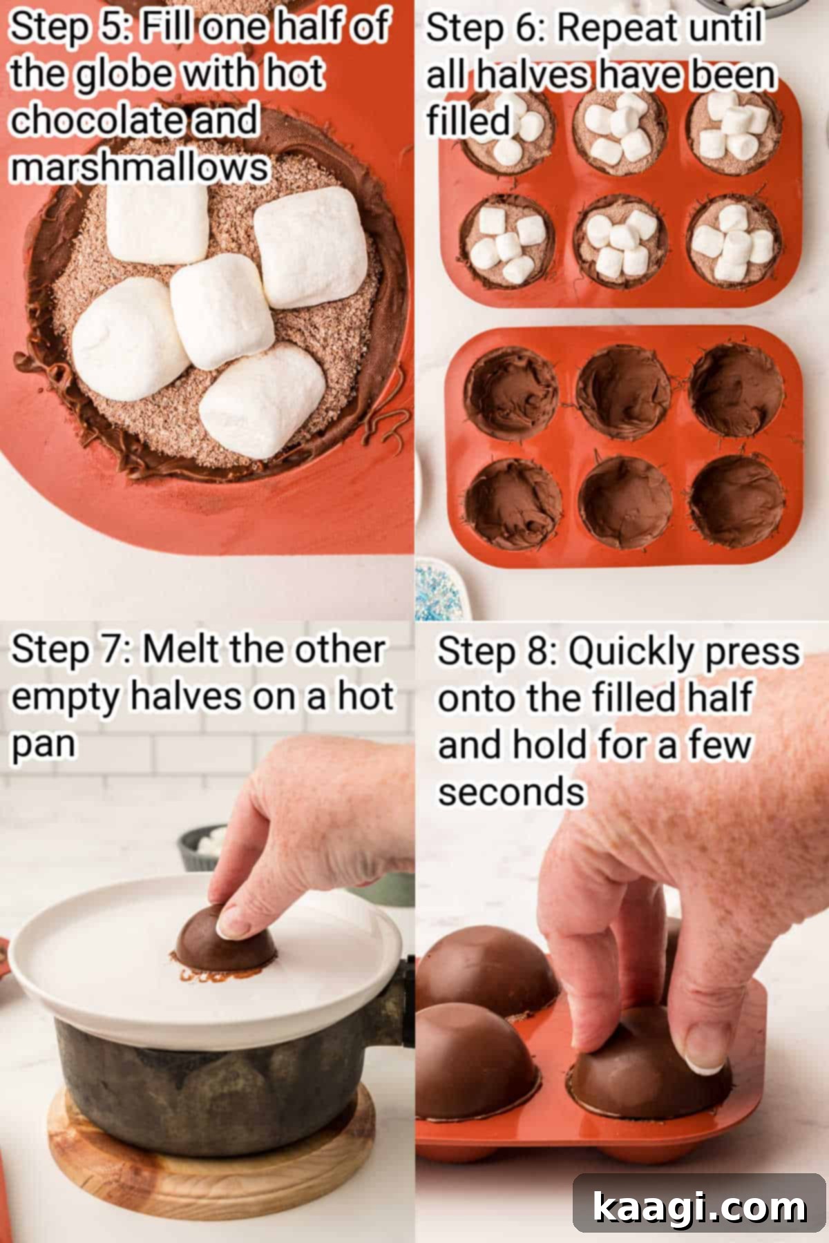 Homemade Hot Chocolate Bomb Magic 5 Four sequential images showing the final steps of making hot chocolate bombs: filling shells, melting edges, sealing, and decorating.