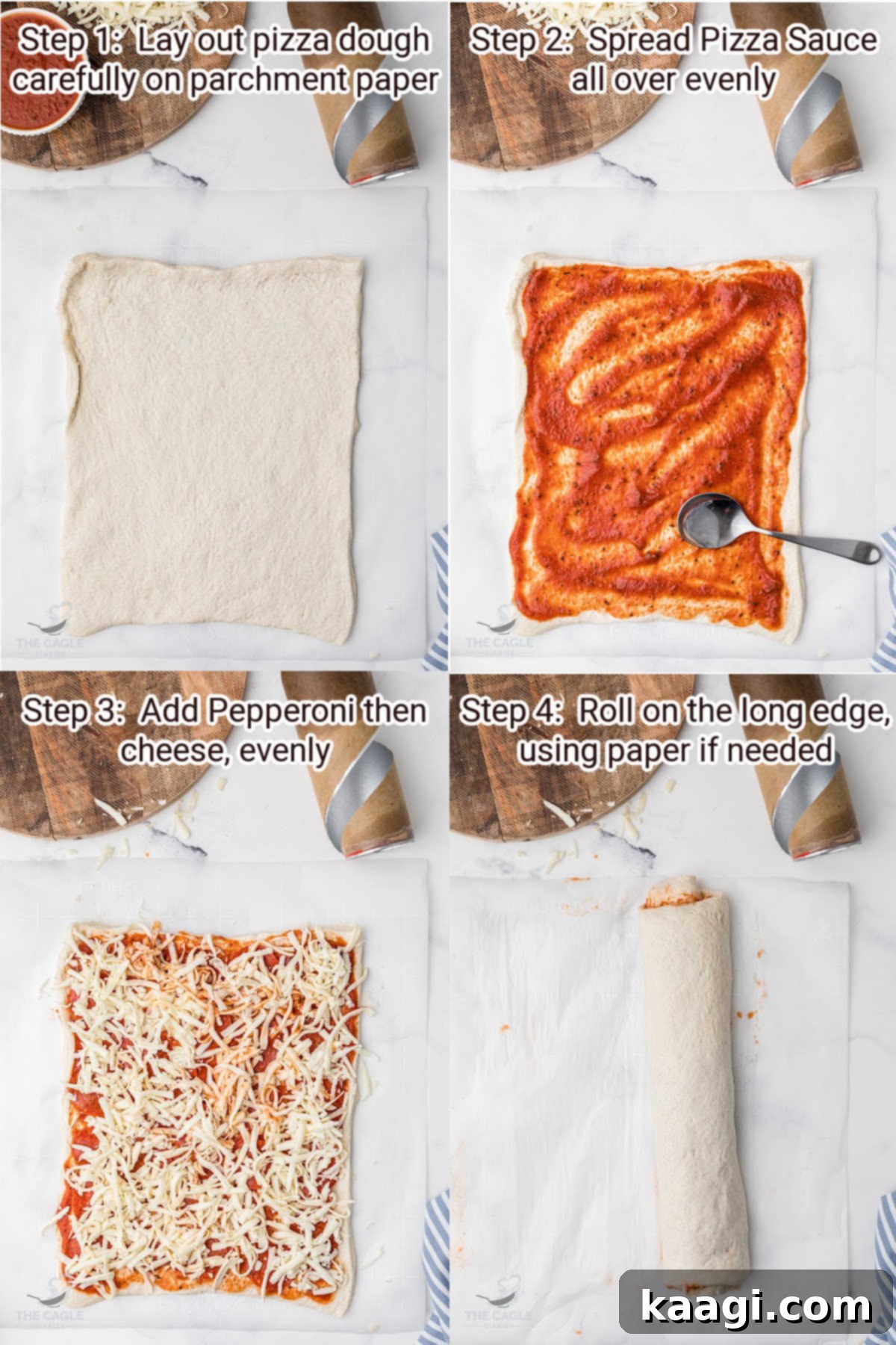 steps 1 through 4 showing how to make pizza rolls in the air fryer: laying dough, adding sauce, toppings, and rolling