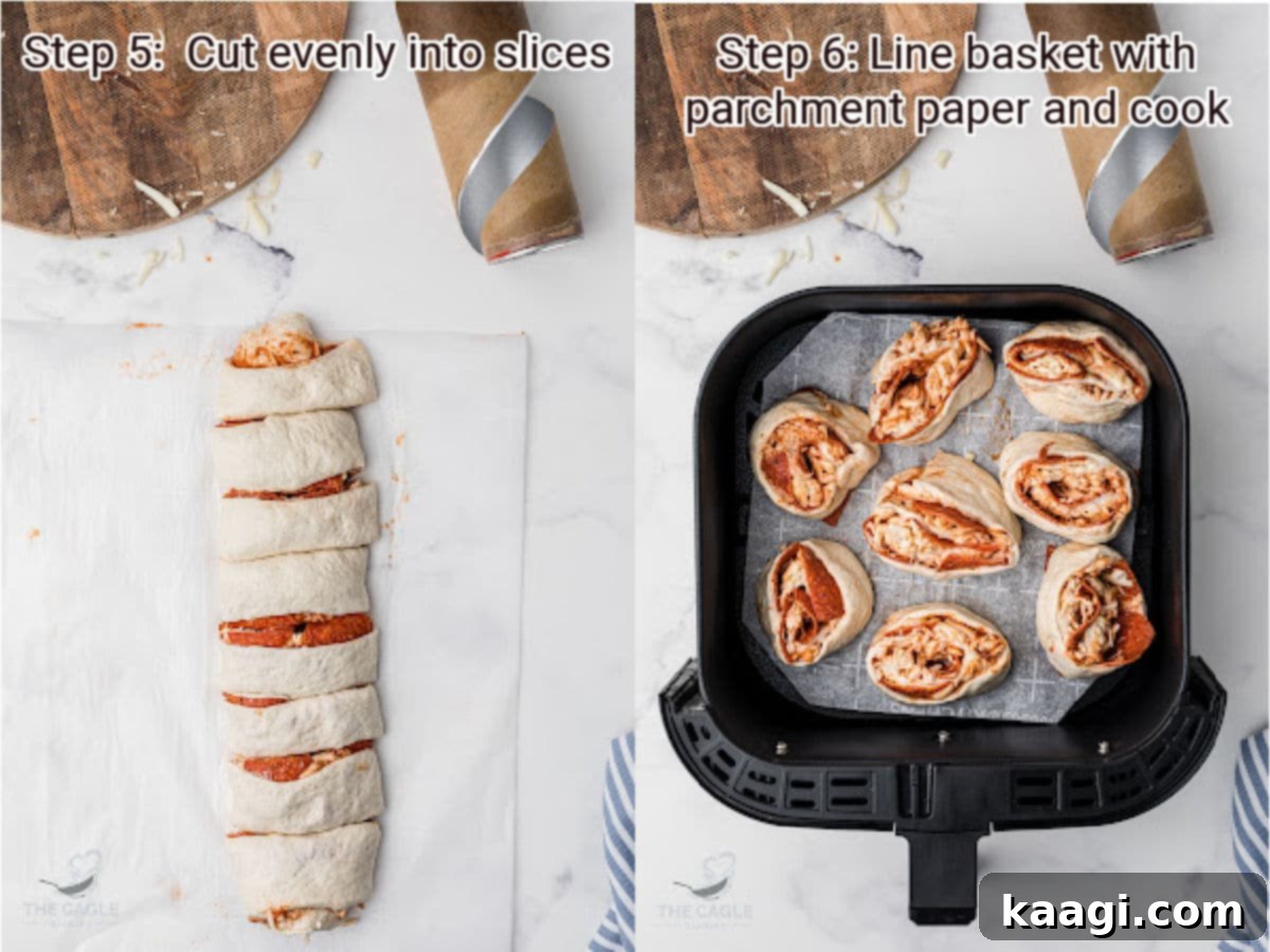 2 steps showing how to make air fryer pizza rolls: slicing the roll and arranging in the air fryer