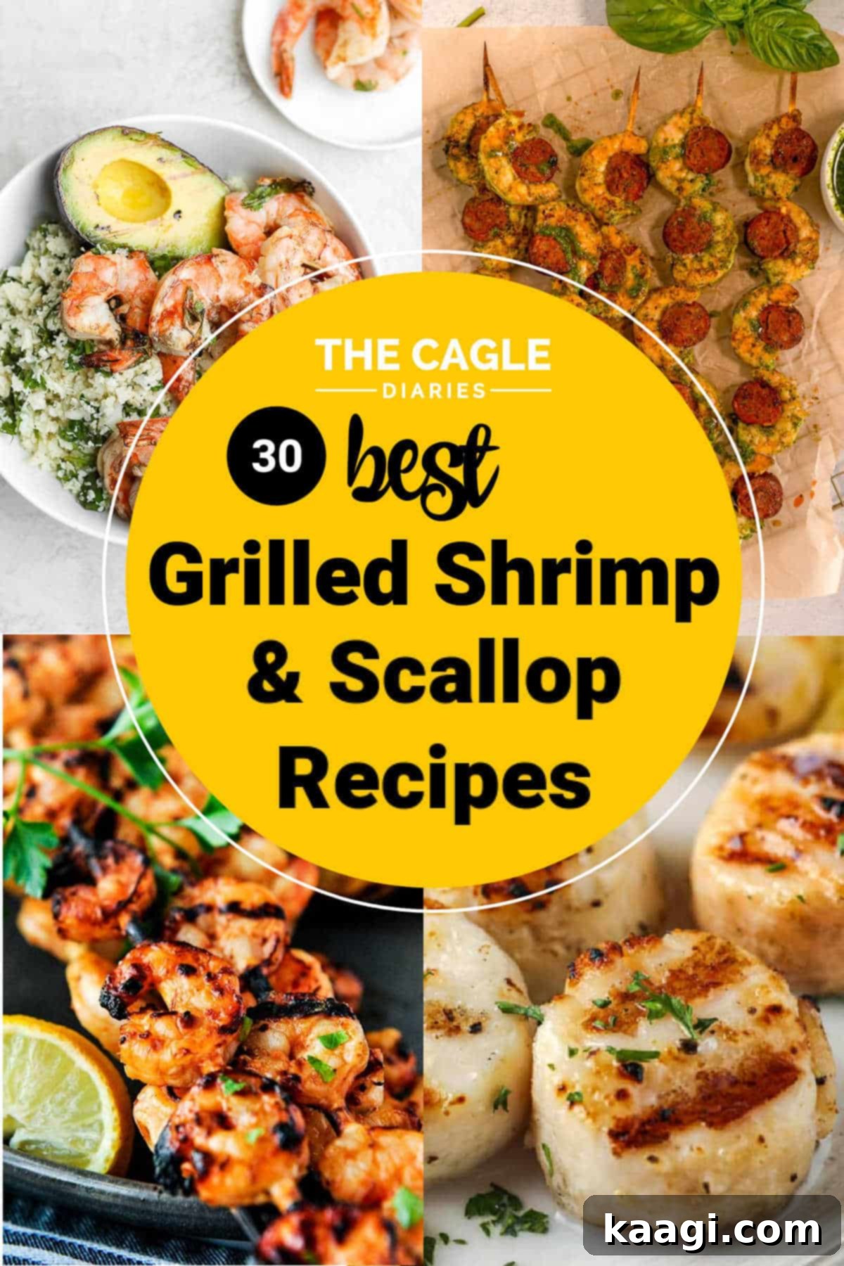 A vibrant collage showcasing various grilled shrimp and scallop dishes, perfect for summer entertaining.