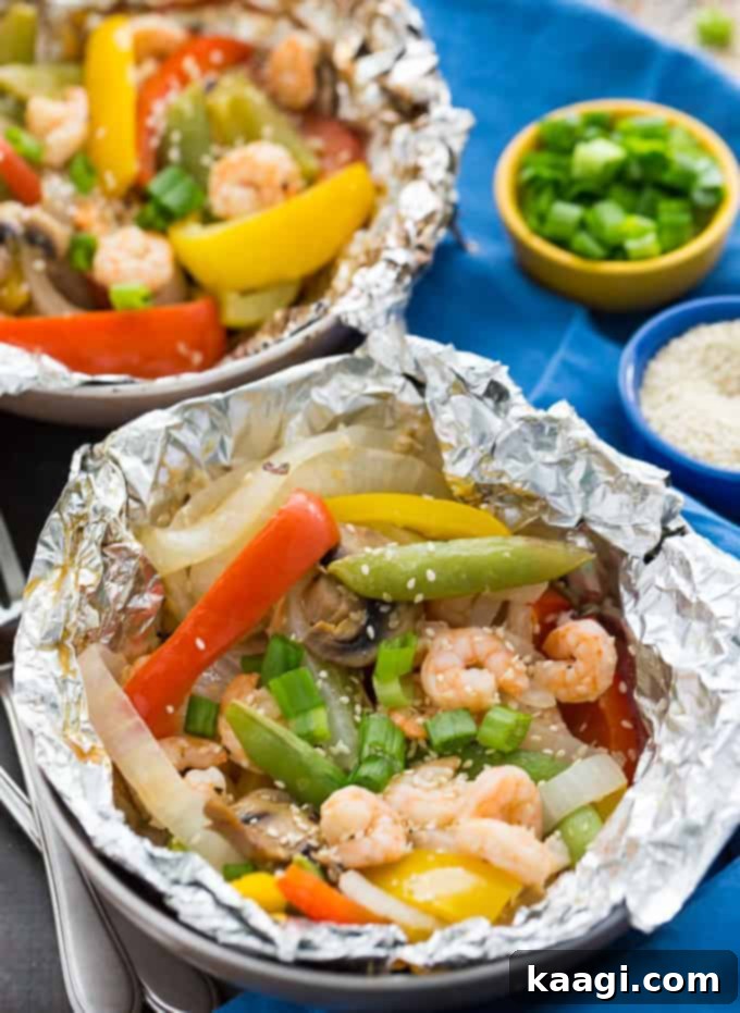 Grilled sesame shrimp and veggies in foil packets