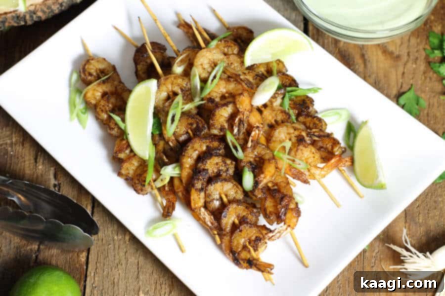 Blackened shrimp skewers with a refreshing cucumber lime dip