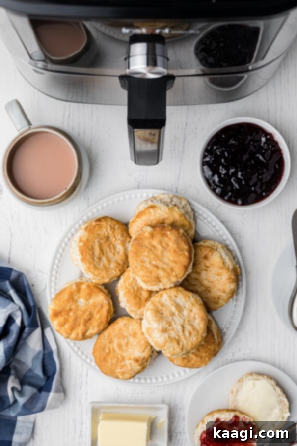 Plate of golden-brown air fryer biscuits, perfectly baked, with a modern air fryer visible in the blurred background. Ideal for a delicious breakfast.
